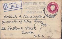 121574 1922 PIMPERNE/BLANDFORD RUBBER DATE STAMP ON REGISTERED MAIL TO LONDON.