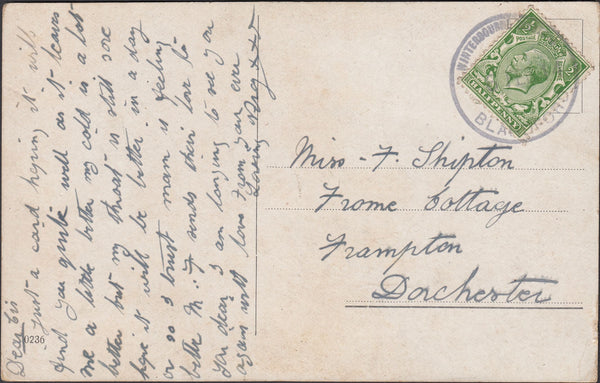 121576 1914 WINTERBOURNE ZELSTONE/BLANDFORD RUBBER DATE STAMP TO DORCHESTER.