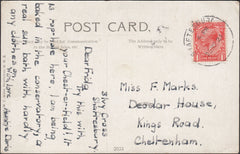 121628 1921 SHAFTESBURY SKELETON DATE STAMP TO CHELTENHAM.