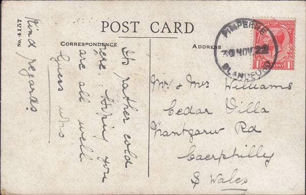 121679 1922 PIMPERNE/BLANDFORD RUBBER DATE STAMP TO CAERPHILLY.