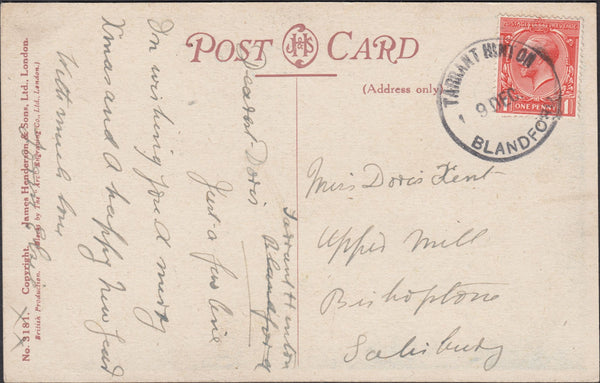 121689 KGV POST CARD WITH TARRANT HINTON/BLANDFORD RUBBER DATE STAMP TO SALISBURY.