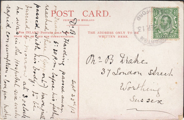 121727 1913 IBBERTON/BLANDFORD RUBBER DATE STAMP TO WORTHING.