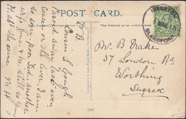 121729 1913 IBBERTON/BLANDFORD RUBBER DATE STAMP TO WORTHING.