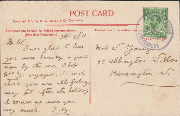 121738 1911 MILTON ABBAS/SHAFTESBURY RUBBER DATE STAMP TO LONDON.