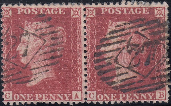 122019 1856-7 DIE 2 1D PL.47 MATCHED PAIR LETTERED CA ON BLUED PAPER (SG33) AND WHITE PAPER (SG40).