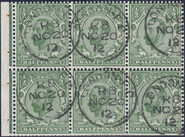 122257 1912 ½D DOWNEY DIE 1B WATERMARK SIMPLE CYPHER BOOKLET PANE OF SIX WITH 'LONDON-E.C' PRE-CANCELLATION (SG335 SPEC NB2t).