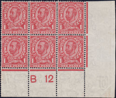 122282 1912 1D DOWNEY DIE 2 WATERMARK MULTIPLE CYPHER (SG350) CONTROL B 12 BLOCK OF SIX.