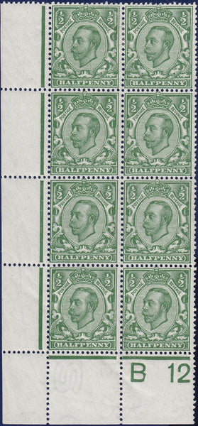 122324 1912 ½D DOWNEY DIE 2 WATERMARK SIMPLE CYPHER (SG344) CONTROL B 12 BLOCK OF EIGHT WITH 'STAGE' OF WATERMARK ON STAMP (SPEC N5hvar).