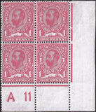 122658 1911 1D DOWNEY DIE 1B WATERMARK CROWN (SG329) CONTROL A 11 BLOCK OF FOUR WITH CONSTANT VARIETY 'PALE LION' (SPEC N8k).