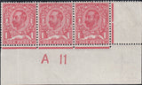 122720 1911 1D DOWNEY DIE 1B WATERMARK CROWN (SG329) CONTROL A 11 STRIP OF THREE WITH VARIETY N8g.