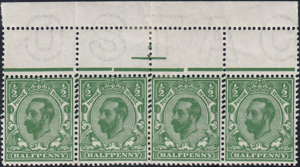 122728 1911 ½D DOWNEY DIE 1B WATERMARK CROWN (SG324) STRIP OF FOUR DOUBLE STRIKE OF PERFORATION.