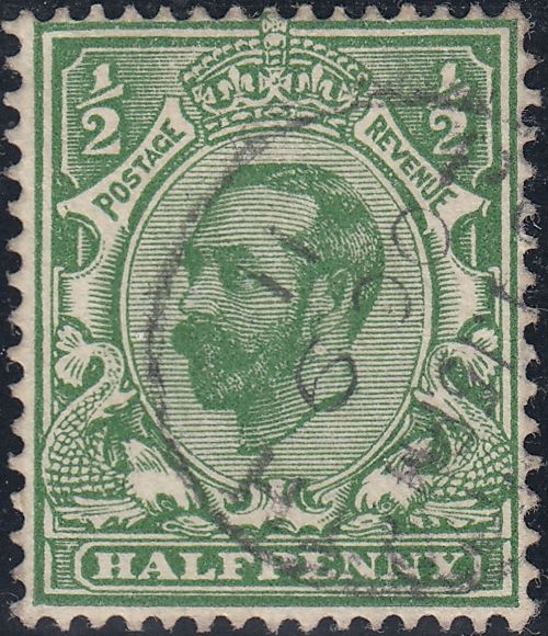 122729 1911 ½D DOWNEY DIE 1B WATERMARK CROWN (SG325) CONTROL STRIP AND USED SINGLE WITH UNLISTED VARIETY 'SPOT UNDER KING'S EAR'.