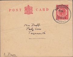 122821 1927 POST OFFICE POST CARD TO TEIGNMOUTH WITH 'SHERBORNE DORSET' SKELETON DATE STAMP.