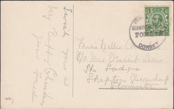 122832 1912 MAIL TO ILMINSTER WITH 'STOKE ABBOT/BEAMINSTER S.O. DORSET' RUBBER DATE STAMP.