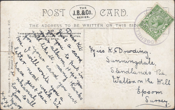 122834 1913 MAIL TO EPSON WITH 'SEDGEHILL/SHAFTESBURY' RUBBER DATE STAMP.