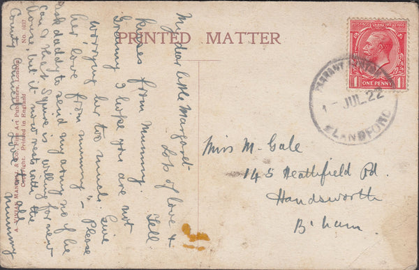 122835 1922 MAIL TO BIRMINGHAM WITH 'TARRANT HINTON BLANDFORD' RUBBER DATE STAMP.