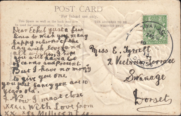 122852 1913 MAIL USED IN SWANAGE WITH 'SWANAGE DORSET' SKELETON DATE STAMP.