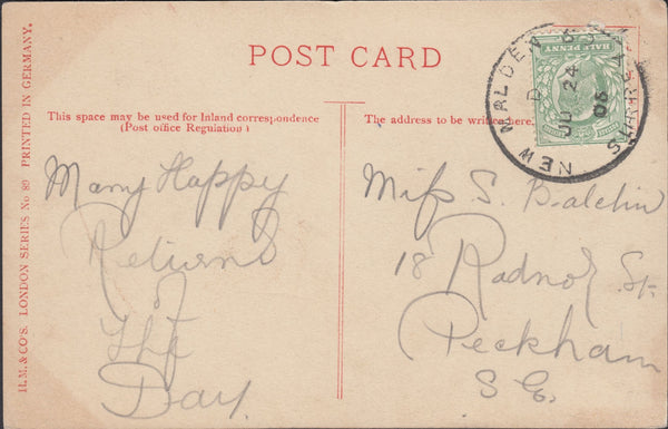 122877 1906 MAIL TO PECKHAM WITH 'NEW MALDEN SO SURREY' SKELETON DATE STAMP.