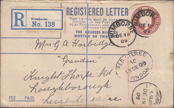 122920 1909 REGISTERED MAIL WIMBORNE TO LOUGHBOROUGH.