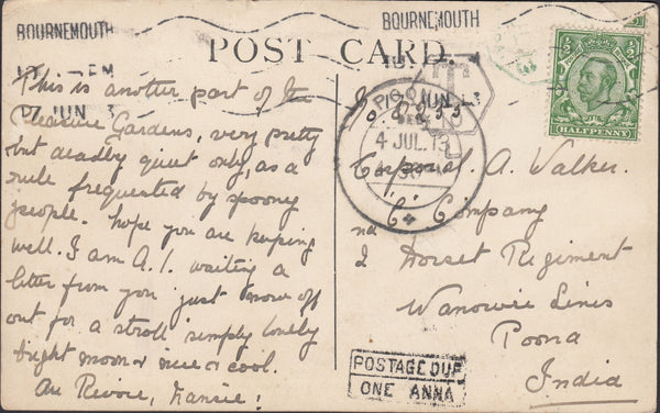 122963 1913 UNDERPAID MAIL BOURNEMOUTH TO A SOLDIER IN THE 2ND DORSET REGIMENT, INDIA.