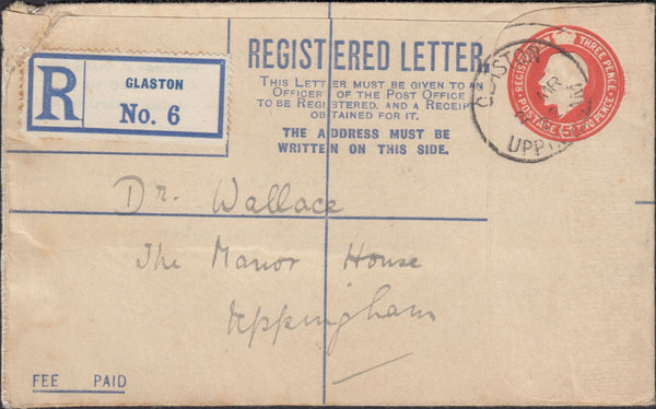 124063 1922 REGISTERED MAIL GLASTON (RUTLAND) TO UPPINGHAM.