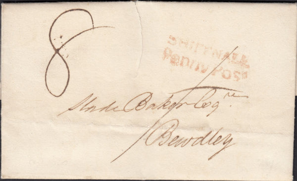 125185 1820 MAIL MADELEY (SHROPS) TO BEWDLEY WITH 'SHIFFNALL/PENNY POST' HAND STAMP (SH550).