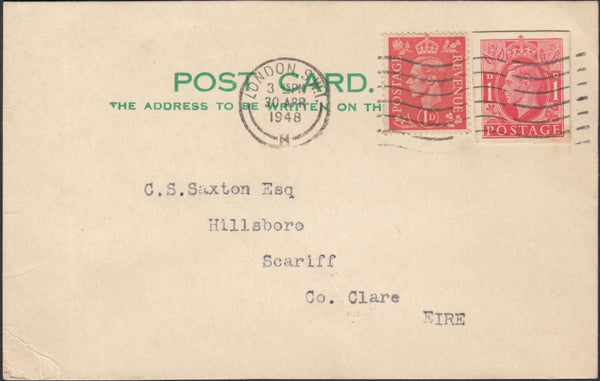 125375 1948 MAIL LONDON TO EIRE WITH KGVI 1D POSTAL STATIONERY CUTOUT.