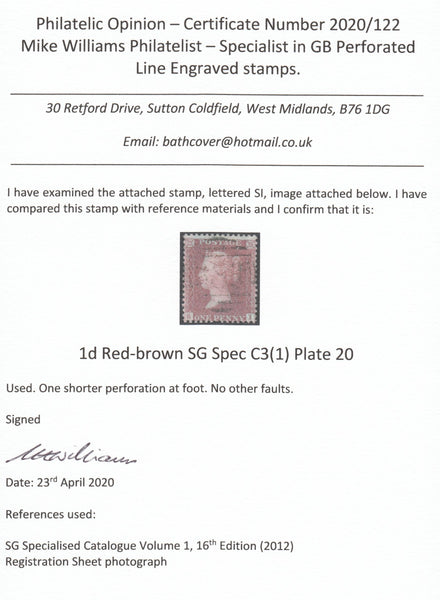 125557 1855 DIE 2 1D PL.20 S.C.14 (SG24) LETTERED SI WITH FINE CONSTANT VARIETY (SPEC C6g).