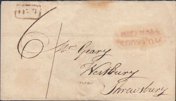 125819 1825 MAIL SHIFNAL TO SHREWBURY WITH 'SHIFFNALL/PENNY POST' HAND STAMP (SH550).