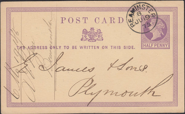 126163 1875 ½D MAUVE POST CARD BEAMINSTER TO PLYMOUTH WITH 'BEAMINSTER' DATE STAMP.