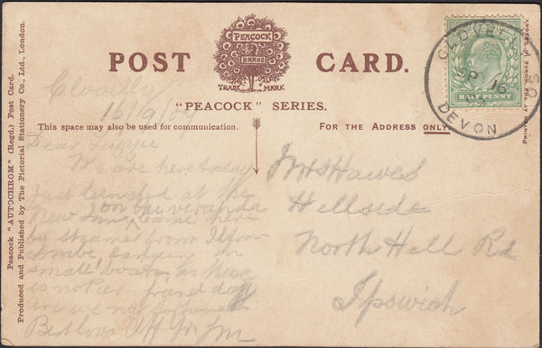 126267 1907 MAIL CLOVELLY (DEVON) TO IPSWICH WITH 'CLOVELLY SO/DEVON' SKELETON DATE STAMP.