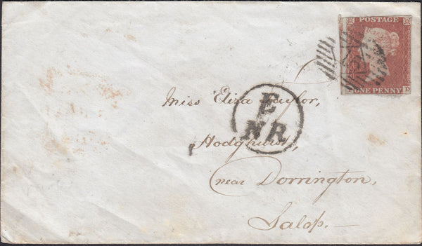 126312 1849 MAIL LONDON TO SALOP WITH CIRCULAR 'E/NR' HAND STAMP OF THE GRAND NORTHERN RAILWAY.