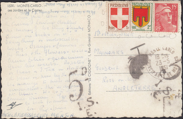 126373 1951 MAIL MONTE CARLO TO ENGLAND, POSTAGE DUE 'INVALID STAMPS'.