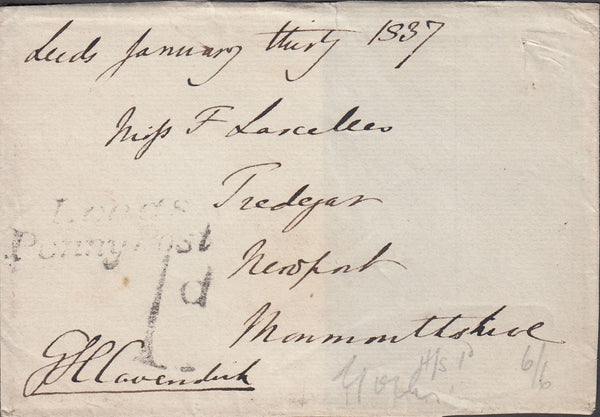 128679 GROUP OF FOUR COVERS 1837-1838 WITH 'LEEDS/PENNY POST' HAND STAMP (YK1800).