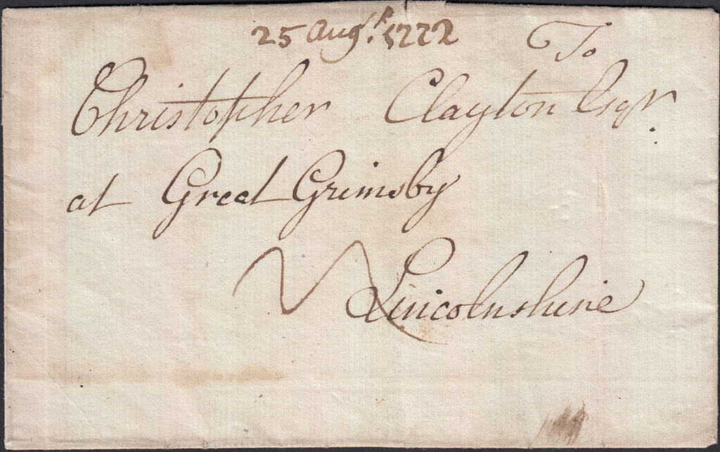 129060 1772 V LONDON GENERAL POST RECEIVER S HAND STAMP OF JOHN VINCE OF CHANDOS STREET ON MAIL LONDON TO GRIMSBY