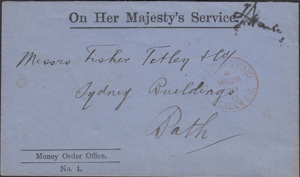 129481 1893 'ON HER MAJESTY'S SERVICE/MONEY ORDER OFFICE' PRINTED ENVELOPE LONDON TO BATH.