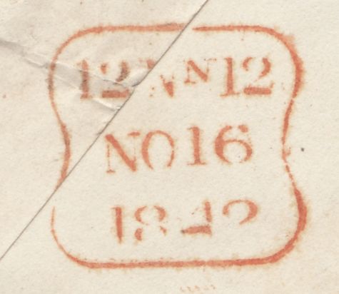 129625 1842 MAIL USED IN LONDON WITH 'T.P/HAM' LONDON RECEIVER'S HAND STAMP IN RED (L504a).