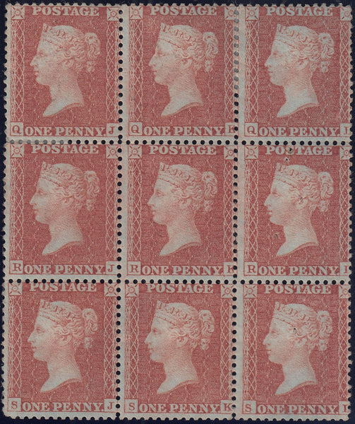 130137 1855 DIE 2 1D PLATE 16 LARGE CROWN 14 (SPEC C6) MINT BLOCK OF NINE.