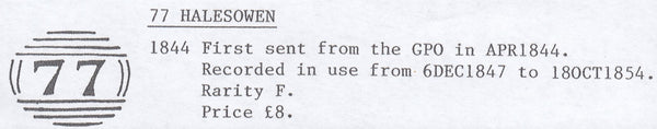 131402 1844 MAIL HALESOWEN, WORCS TO STOURBRIDGE CANCELLED '77' NUMERALS OF HALESOWEN.