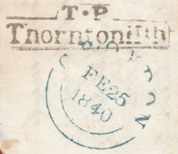 131457 1840 MAIL THORNTON HEATH, LONDON TO BRIGHTON WITH 'P 1' UNIFORM PENNY POST HAND STAMP TYPE E OF THORNTON HEATH (SY140).