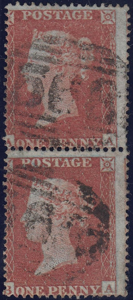 131521 1854 DIE 1 1D RES.PL.3 (SG17) VERTICAL PAIR LETTERED AA BA, AA MISSING IMPRIMATUR LETTERING.