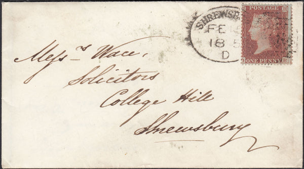 131560 1855 MAIL USED LOCALLY IN SHREWSBURY WITH 1D (SG21) CANCELLED 'SHREWSBURY/708' SPOON (RA116), ON REVERSE 'BASCHURCH/PENNY POST' HAND STAMP IN GREEN (SH9).