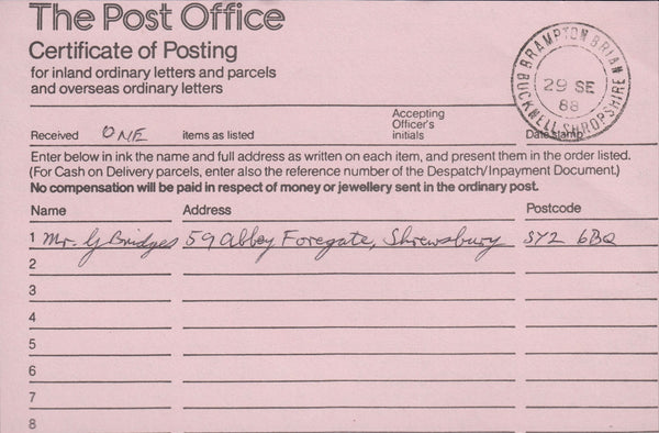 131610 COLLECTION OF BRAMPTON BRIAN, SHROPSHIRE POST MARKS (1881-1988) (12 ITEMS).