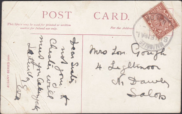 131738 1921 MAIL MALINSLEE TO SALOP WITH KGV 1½D CANCELLED 'MALINSLEE/SHIFNAL/SALOP' RUBBER DATE STAMP.