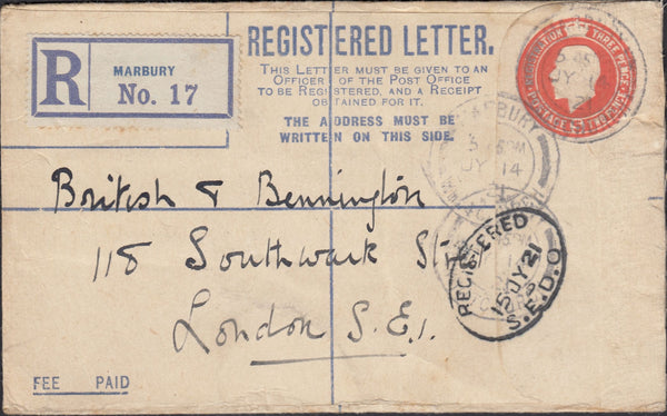 131739 1921 REGISTERED MAIL MARBURY, SHROPS TO LONDON.