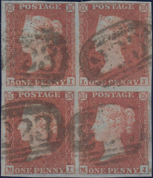 131902 1852 1D PL.149 USED BLOCK OF FOUR (SG8) LETTERED LI LJ MI MJ.