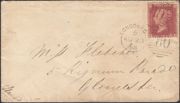 132168 1858 MAIL LONDON TO GLOUCESTER WITH 'GOSWELL.ROAD' UDC AND 'GLOSTER-STATION' DATE STAMP.