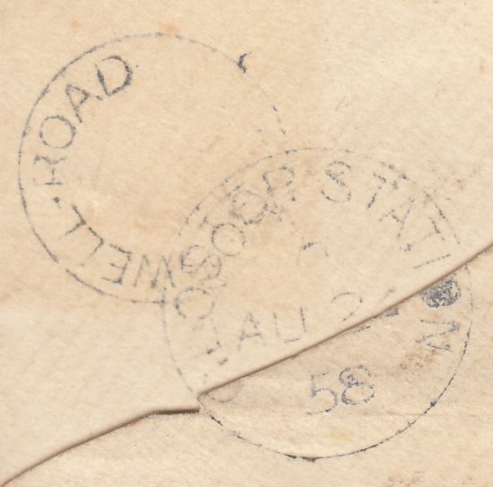 132168 1858 MAIL LONDON TO GLOUCESTER WITH 'GOSWELL.ROAD' UDC AND 'GLOSTER-STATION' DATE STAMP.