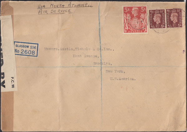 132427 1941 REGISTERED AIR MAIL GLASGOW TO NEW YORK, USA WITH KGVI 5S RED (SG477).