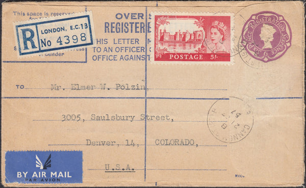 132432 1957 REGISTERED AIR MAIL LONDON TO COLORADO, USA WITH 5/- CASTLE.